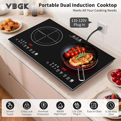 VBGK 2 burner induction cooktop,110V 4000W 2 burner induction plate with Brushed Panel LED touch Control, induction stove top with 10 Power Levels, Kids Lock & 4H Timer