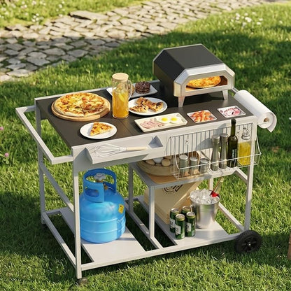 Vongrasig Pizza Oven Table with Topping Station, Patio Kitchen Island Outdoor Bar Cart, Outdoor Grill Cart with Storage for Blackstone Grill Ooni Pizza Ovens