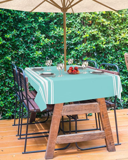 QueenKer Outdoor Tablecloth with Umbrella Hole, Farmhouse Teal White Stripe Rectangle Tables Waterproof Tabletop Collection for Patio, Garden, Picnic, Camping, Dining 60 x 120 inch