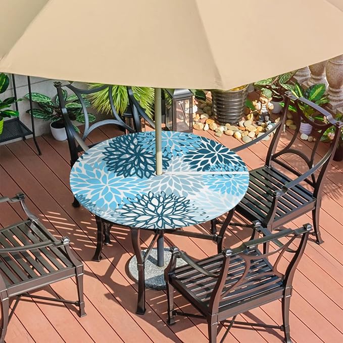 Round Tablecloth with Umbrella Hole and Zipper Elastic Fitted Table Cloth 36"-44" Oil-Proof Waterproof Chrysanthemum Patio Table Cover for Outdoor Dining Picnic Party, Spring Summer Blue Floral