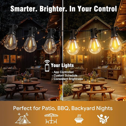 Outdoor String Lights 25FT, APP Control Dimmable S08 Edison LED Bulbs, Timer, Bluetooth, IP65 Waterproof, Hanging Patio Lights for Yard Garden Backyard Deck Porch Balcony Camping Party