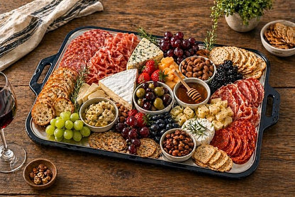 Multi-Purpose Serving and Entertaining Tray with Foldable Silicone Lid and Divided Plates, Stainless Steel Serving Set for Kitchen, Camping, BBQ and Outdoor Events