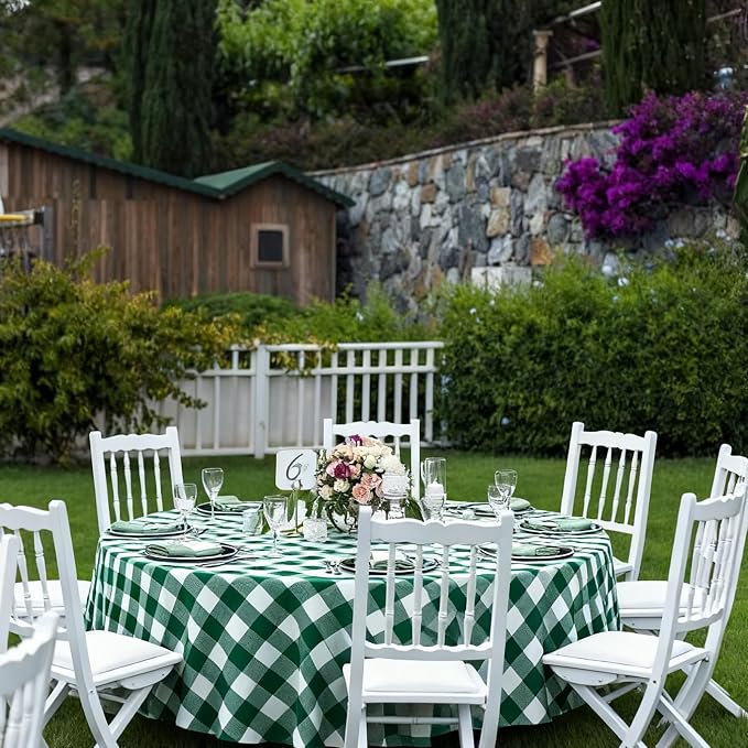 6 Pcs Disposable Checkered Tablecloth Round Plastic Buffalo Plaid Table Cloth 84'' Gingham Tablecover for Picnic Camping BBQ Graduation Party(Green White)