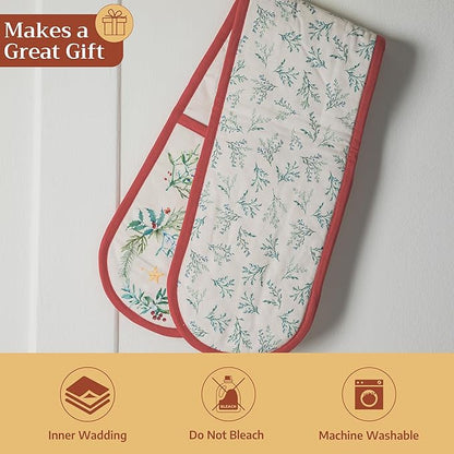 Maison d' Hermine Double Oven Mitt (7" x 35") 100% Cotton Heat Resistant BBQ Cooking Gloves with Loop for Thanksgiving Christmas Decorations Baking Cooking Barbeque Handling Hot Pan (Holly Time)