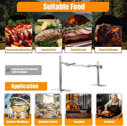 56-Inch BBQ Rotisserie Kit, Stainless Steel BBQ Rotisserie with 5 Height Adjustments, 360° Motorized Spit for Outdoor Camping, 88lbs Capacity, Portable Grill Stand