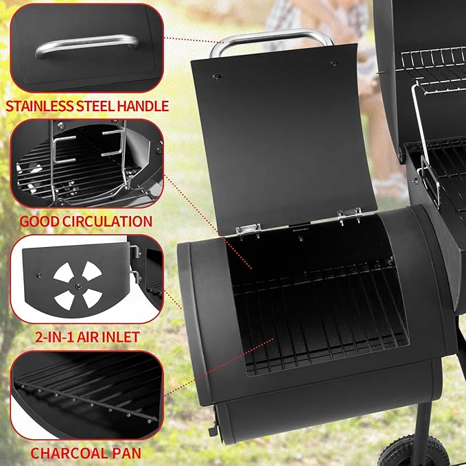 Kendane Barrel Charcoal Grill with offset smoker, 714 Square Inches Cooking Area, Outdoor BBQ Grill with Front and Side Shelf, Perfect for Backyard, Patio Parties and Picnics