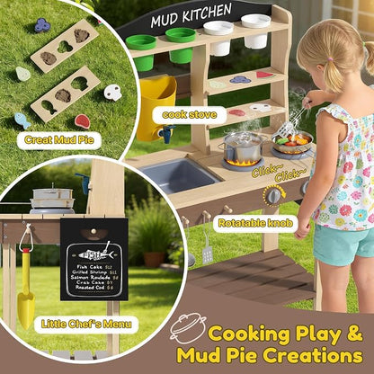 BIERUM Wooden Mud Kitchen for Kids Outdoor with Real Sink & Faucet, Green | with Real Sink, Faucet, Oven and Stove, for Water, Cooking & Planting, Perfect Outdoor Gift for Toddlers Boys Girls Ages 3+