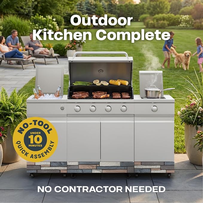 Tytus Fresno 66" 5-Burner Propane or Nat Gas Island Grill, 60K Total BTUs | Pre-assembled for fast install, 864 sq inch cooking area with Side Burner, Storage, Ice Bucket - Stainless Steel / Ash Island