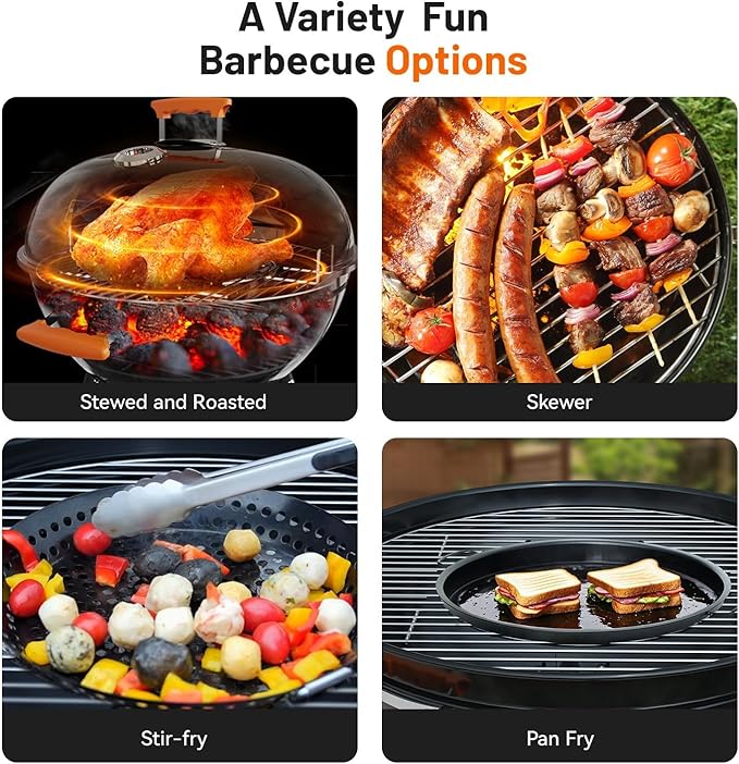 KEYO GRILL 22.5-inch Kettle Charcoal Grills, Portable Charcoal Grill with Adjustable Vents, One Click Cleaning System, Walnut Side Table Outdoor BBQ Grill for Camping, Tailgating and Backyard