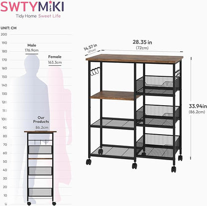 SWTYMIKI Microwave Cart with Storage - 28.35x14.57in Rolling Kitchen Table Cart with Storage Shelves, 6 Removable Hooks& Locking Casters, Coffee Bar Cabinet for Dining Room Pantry Office, Espresso