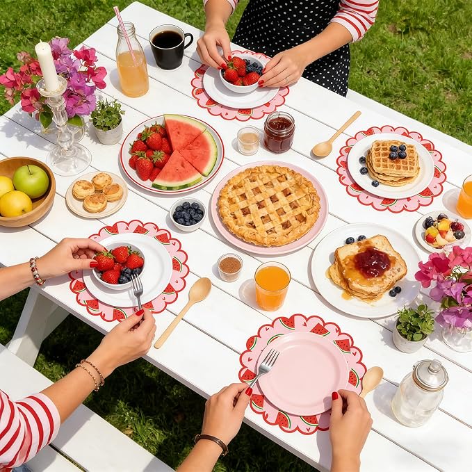 100 Pcs Watermelon Paper Placemats Orange Fruit Place Mats 13.5 Inch Disposable Round Decorative Dining Table Mat with Scalloped Edge for Summer Picnic BBQ Birthday Bridal Wedding Party Supplies