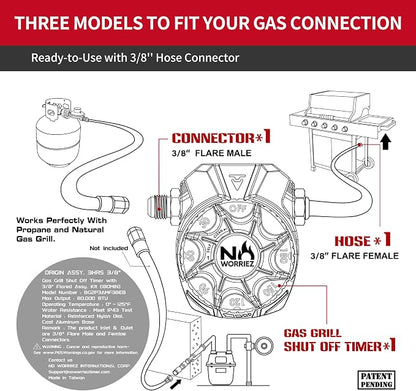 NO WORRIEZ 3 Hour Bypass Safety Auto Shut-Off Gas Timer for Propane & Natural Gas | Outdoor Grill, Fire Pit, Pizza Oven | – 100,000 BTU w/ 3/8" Flared Male Connector & Female Hose, Patent Pending