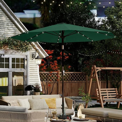 10FT Solar Umbrella 32 LED Lighted Patio Umbrella Table Market Umbrella w/Tilt and Crank, UV-Resistant Outdoor Umbrella for Pool, Garden, Deck, Forest Green