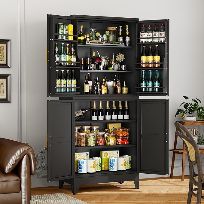 Black Pantry Storage Cabinet, 75" Kitchen Pantry with Doors and 3 Adjustable Shelves, Metal Freestanding Buffet Cupboards Sideboard, for Office, Home, Garage, School