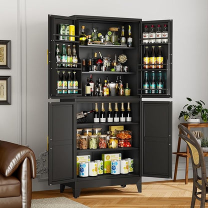 Black Pantry Storage Cabinet, 75" Kitchen Pantry with Doors and 3 Adjustable Shelves, Metal Freestanding Buffet Cupboards Sideboard, for Office, Home, Garage, School