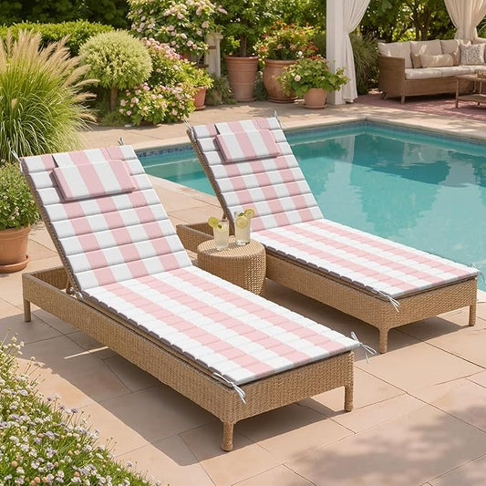 Crestlive Products Chaise Lounge Cushion Outdoor Set of 2, Waterproof Foldable Pool Lounge Chair Cushions with Straps 71''Lx21''W, Lounger Cushions for Outdoor Furniture, Patio, Pink Stripe