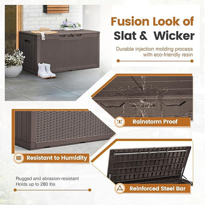 Greesum 100 Gallon Resin Patio Storage Box for Garden Tools, Outdoor Furniture Cushions, Pool Supplies, Dark Brown