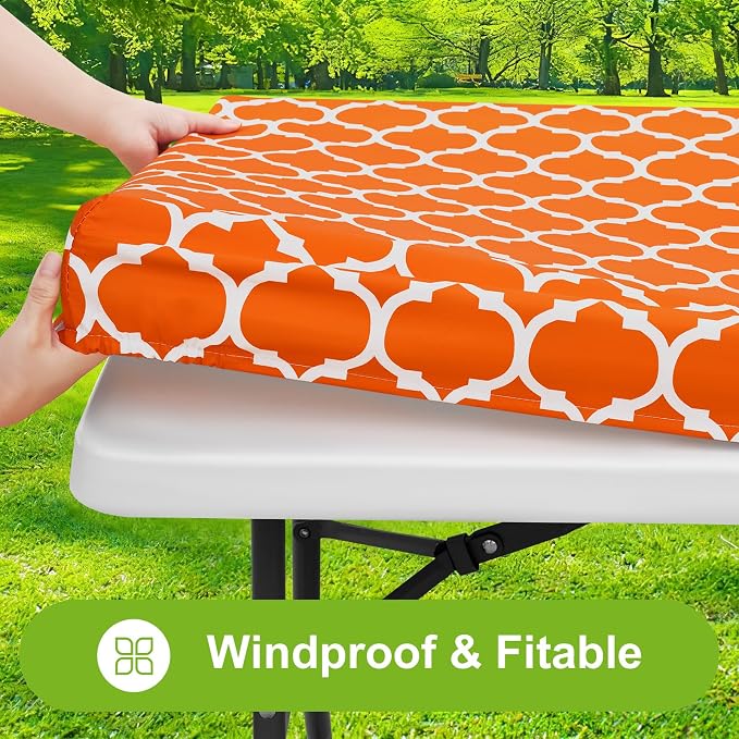 Smiry Picnic Fitted Table Cover, 4 Foot Flannel Backed Vinyl Tablecloth | Waterproof Elastic Stretch Table Cloth, Wipeable Plastic Tablecloth for Camping, Indoor & Outdoor (Orange, 24" x 48")