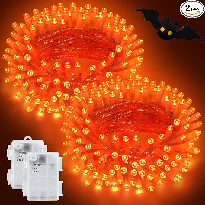 Orange Lights for Halloween Battery Operated with Timer Waterproof Total 100LED 33ft for Halloween Decorations 16.4Ft*2, 50LED*2 Outdoor Indoor for Halloween Decor