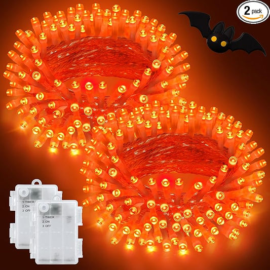 Orange Lights for Halloween Battery Operated with Timer Waterproof Total 100LED 33ft for Halloween Decorations 16.4Ft*2, 50LED*2 Outdoor Indoor for Halloween Decor