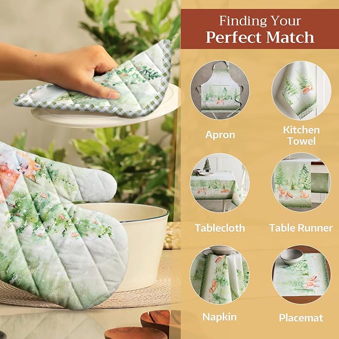 Maison d' Hermine 100% Cotton Oven Mitt & Pot Holder Set (7.5"x13" & 8"x8") | Heat Resistant BBQ Cooking Gloves with Loop Baking Grilling Kitchen Home Farmhouse Thanksgiving Christmas - Winter Mornings