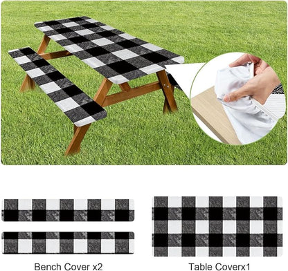 FOREVER QUEEN Picnic Table Cover with Bench Covers 72in,Waterproof Windproof Fitted Tablecloth,Black White Buffalo Plaid Camping Essentials with Drawstring Bag for Patio,Park & Backyard