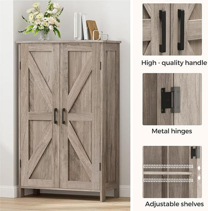 Homleke Farmhouse Bathroom Cabinet with Adjustable Shelves, Free-Standing Storage Cabinet with Barn Doors, for Kitchen, Living Room, Dining Room, Entryway, Greige