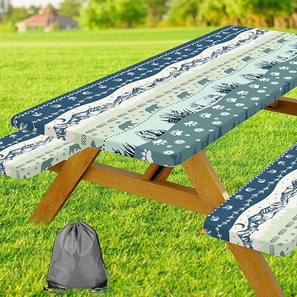 Picnic Table Cover with Bench Covers and Bag, Camping Essentials, Bohemian Waterproof Windproof Camping Tablecloth, Fitted Tablecloth Cover with Elastic Edge, for Garden & Outdoor, 3 PCS, 30x72 Inch