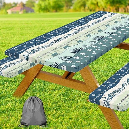 Picnic Table Cover with Bench Covers and Bag, Camping Essentials, Bohemian Waterproof Windproof Camping Tablecloth, Fitted Tablecloth Cover with Elastic Edge, for Garden & Outdoor, 3 PCS, 30x72 Inch