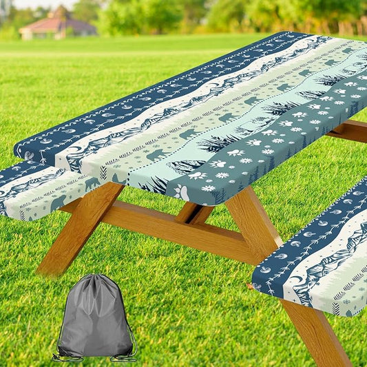 Picnic Table Cover with Bench Covers and Bag, Camping Essentials, Bohemian Waterproof Windproof Camping Tablecloth, Fitted Tablecloth Cover with Elastic Edge, for Garden & Outdoor, 3 PCS, 30x60 Inch