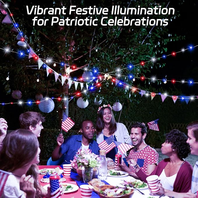 cshare Red White and Blue Solar Fairy Lights, Memorial Day Lights Waterproof Outdoor 39.4ft 120LED 8 Modes Memory Function Independence Day Memorial Day Decorations, CS-SL-5M
