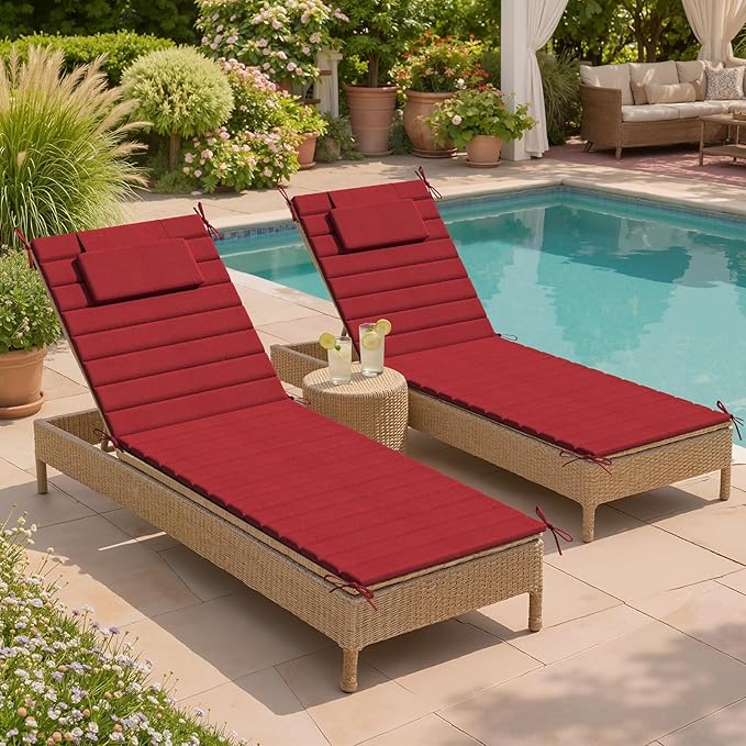 Crestlive Products Chaise Lounge Cushion Outdoor Set of 2, Foldable Waterproof Pool Lounge Chair Cushions with Straps, Lounger Cushions for Outdoor Furniture, 80''Lx26''W (Chili)