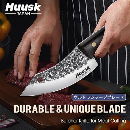 Huusk Japanese Mini Cleaver Knife, Small Meat Knives with Sheath, Unique Caveman Knives, Hand Forged Full Tang Chef Viking Knife for Fishing, Outdoor Camping, BBQ, Gift for Men and Women