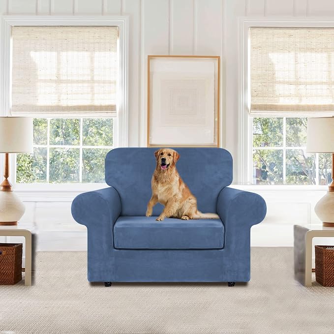 WEERRW Velvet Stretch 2 Pieces Chair Sofa Slipcovers Washable, Light Blue | Armchair Slipcovers Luxury Soft Velvet Plush Furniture Protector Couch Cover with Elastic Bottom for Kids Pets, Small