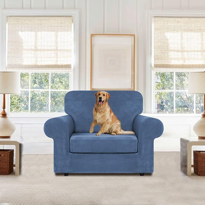 WEERRW Velvet Stretch 2 Pieces Chair Sofa Slipcovers Washable, Light Blue | Armchair Slipcovers Luxury Soft Velvet Plush Furniture Protector Couch Cover with Elastic Bottom for Kids Pets, Small