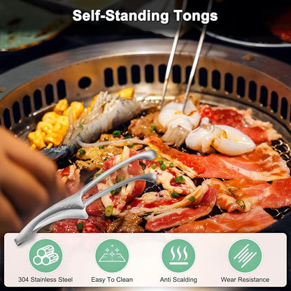 M METERXITY 5 Pcs Korean and Japanese BBQ Tongs 11.5 Inch Barbecue Tongs 304 Stainless Steel Kitchen Self-Standing Grill Non-Slip for Grill/Salad/Camping/Cooking [Silver]
