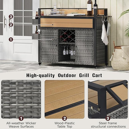 Outdoor Grill Cart BBQ Prep Station, Double Tabletop Rolling Wicker Kitchen Island with 7 Adjustable Shelves & Wine Rack, Weather-Resistant Storage Cabinet for Patio Backyard Garden, Gray