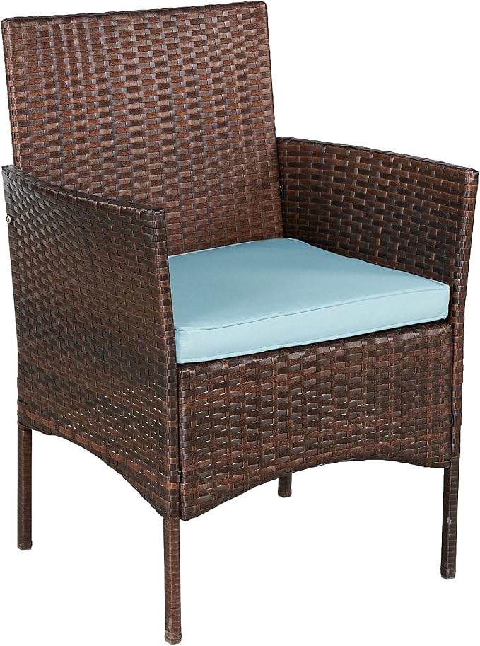 Outdoor Wicker Patio Conversation 3 Piece Bistro Set Garden Yard Porch Furniture Space Saving Rattan Two Chairs Cushions Side Storage Tempered Glass Table Brown 3pc Set