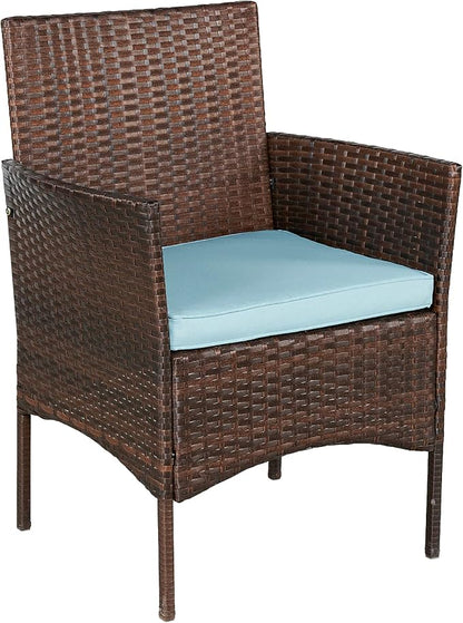 Outdoor Wicker Patio Conversation 3 Piece Bistro Set Garden Yard Porch Furniture Space Saving Rattan Two Chairs Cushions Side Storage Tempered Glass Table Brown 3pc Set