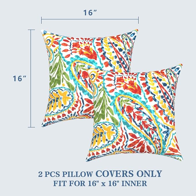 LVTXIII 2 Pack Outdoor Throw Pillow Covers for Patio Furniture, 16x16 Inch Square Pillow Case, Water-Repellent Cushion Covers for Garden, Porch, Sofa, Paisley Multi