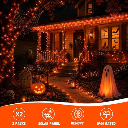 QITONG Solar Halloween String Lights, 2 Pack Each 33ft 100 LED Orange Fairy Lights Outdoor Waterproof, Green Wire Twinkle Light with 8 Modes for Outside Halloween Party Decor