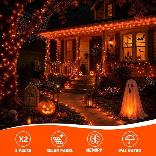 QITONG Solar Halloween String Lights, 2 Pack Each 33ft 100 LED Orange Fairy Lights Outdoor Waterproof, Green Wire Twinkle Light with 8 Modes for Outside Halloween Party Decor