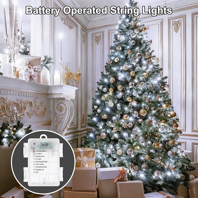 2 Pack Battery Operated String Lights Outdoor Indoor, 8 Modes with Remote Timer Waterproof 66ft 200 LED Twinkle Fairy Lights Battery Powered for Wedding Bedroom Tree Party Christmas Decor, White