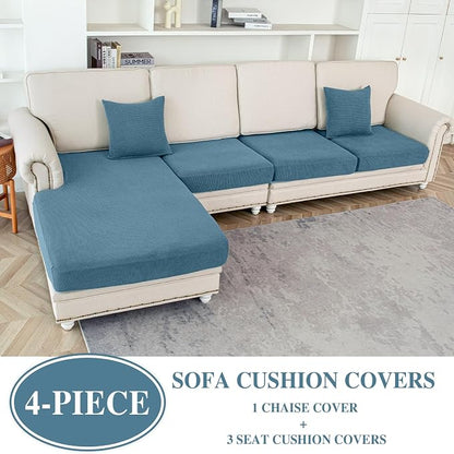 LA MEACK Couch Cushion Covers for Sectional Sofa L Shape Washable Separate Seat Chaise Couch Cover Stretch Sofa Slipcovers with 2 Pcs Pillowcases(3 Seater + 1 Chaise, Blue)