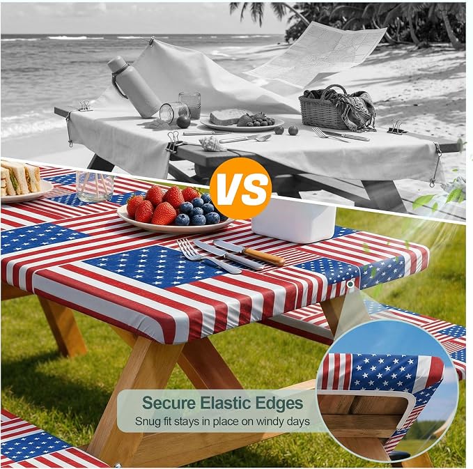 Picnic Table Cover with Bench Covers Camping Essentials Waterproof Windproof Camping Tablecloth with Drawstring Bag, Fitted Rectangle Tables and Seats, 60in, Red Blue White