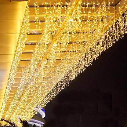 LED Icicle Lights, 8 Modes 16.4FT 112 LEDs Christmas Short Curtain Fairy Hanging Ceiling Extendable Lights for Wedding Balcony Doorway Outdoor Indoor Decoration Warm White, 5M04