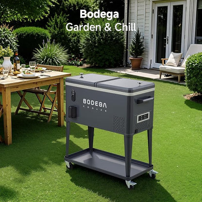 BODEGACOOLER 50QT Electric Cooler with Wheels, Compressor Rolling Cooler | Ice-Free, AC & 12V DC Power, 45dB Quiet, IPX5, Pull-out Handle, Dual-side Lid w/ Opener, Locking Casters, Steel Body