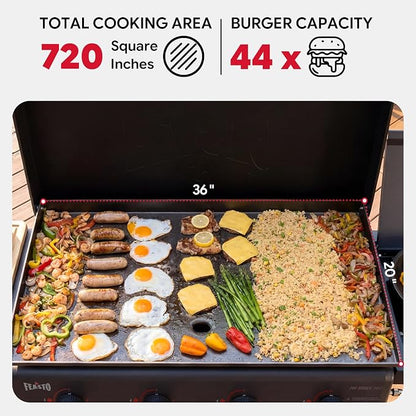FEASTO 36" 4-Burner Propane Gas Griddle with Side Burner and Cabinet | 50,000 BTU, 720 Sq. In., Outdoor Flat Top Grill with Disposable Foil Liners for Patio, Backyard, BBQ Party, Black