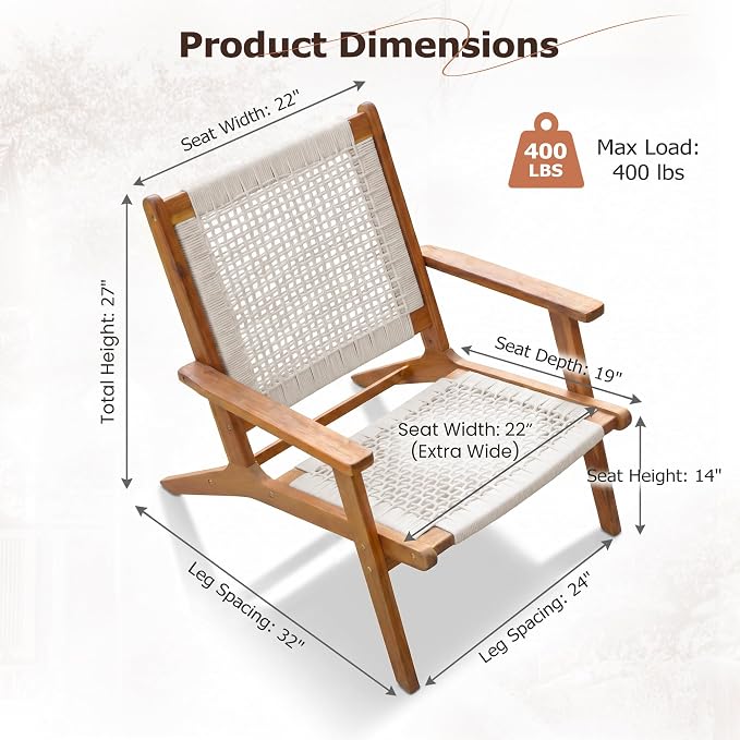 Greesum Acacia Wood Patio Recliner Chairs | 2 Pack Modern Rope Accent Recliners, Outdoor Lounge Seating for Balcony, Porch, Backyard & Poolside