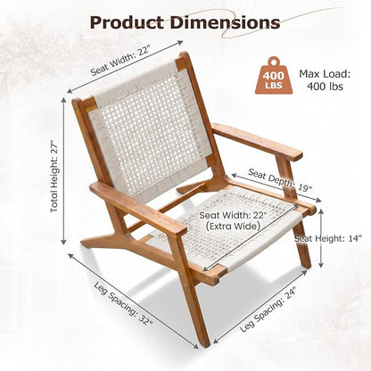 Greesum Acacia Wood Patio Recliner Chairs | 2 Pack Modern Rope Accent Recliners, Outdoor Lounge Seating for Balcony, Porch, Backyard & Poolside